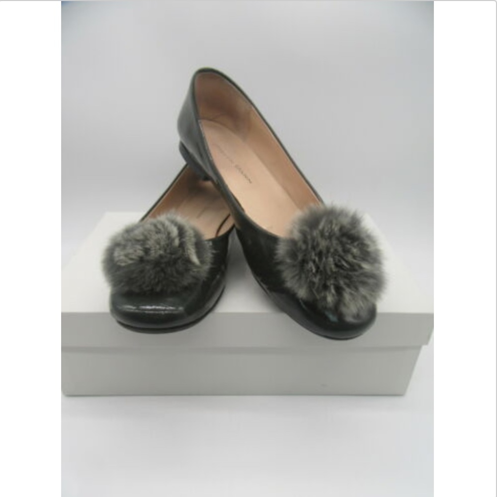 STEVEN DANN grey patent leather pom-pom flats